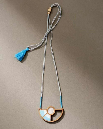 Adjustable Upcycled Fabric & Wood Geometric Necklace in Blue & White