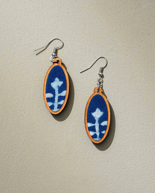 Upcycled Fabric & Wood Oval Earrings in Indigo