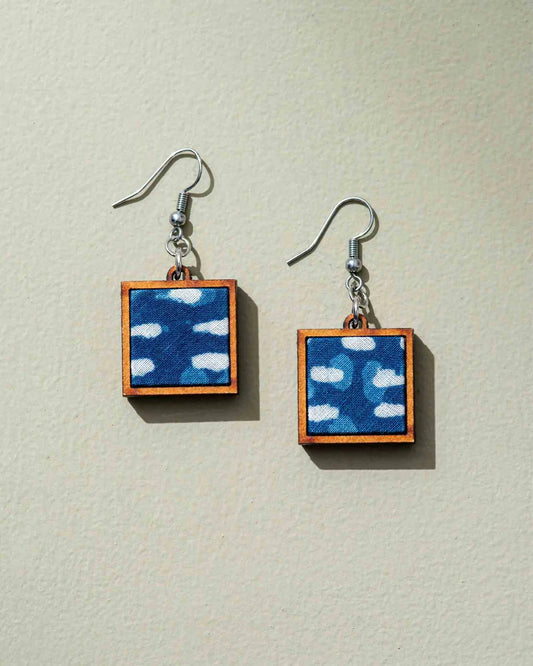 Upcycled Fabric & Wood Square Earrings in Indigo