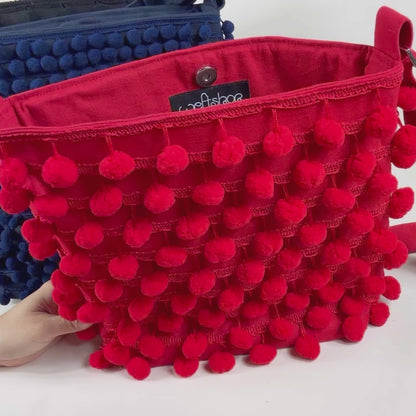 Ha Leh Handmade Pom Pom Crossbody Shoulder Bag in Red