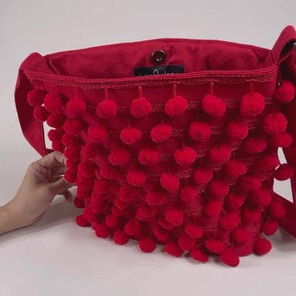 Ha Leh Handmade Pom Pom Crossbody Shoulder Bag in Red